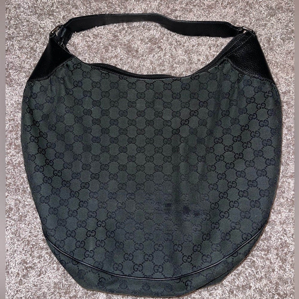 Gucci Green Black Monogram Canvas Leather round Zip top shoulder bag